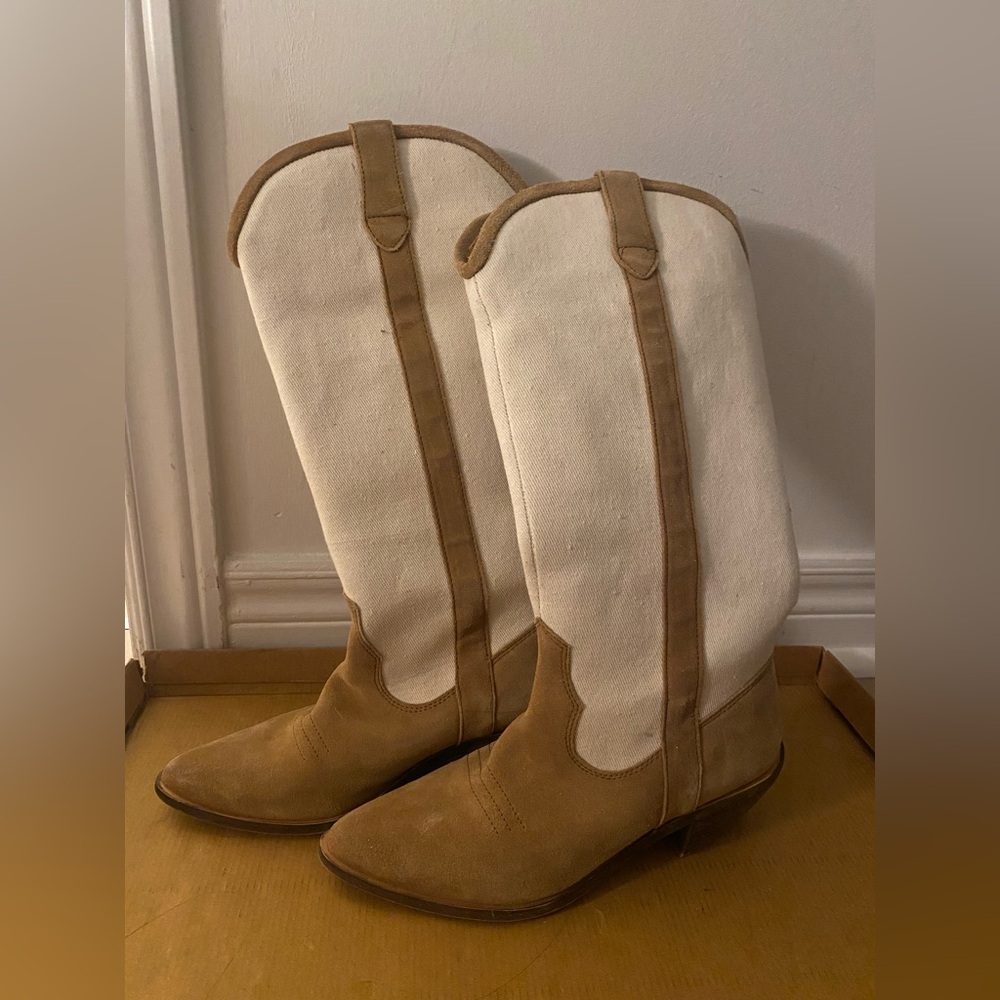 Canvas & Suede Two-Tone Cowboy Boots - Tan and Cream